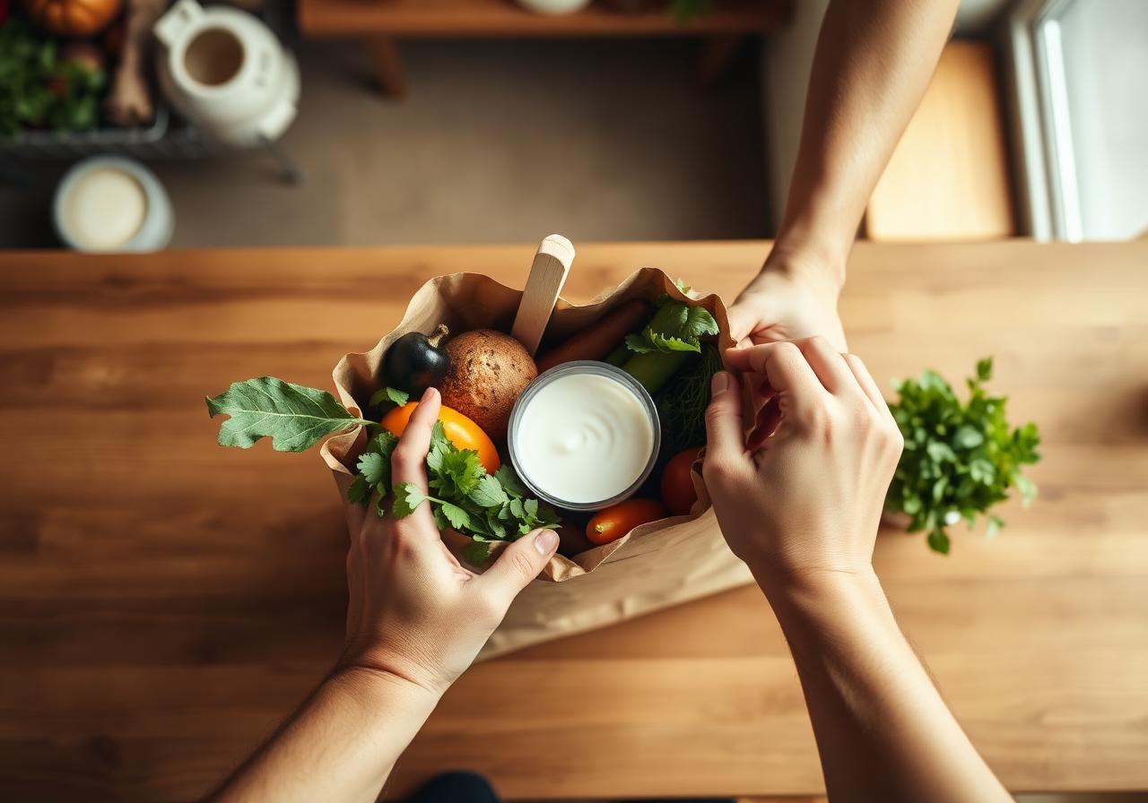 Hands exchanging a paper bag of fresh produce across a wooden counter